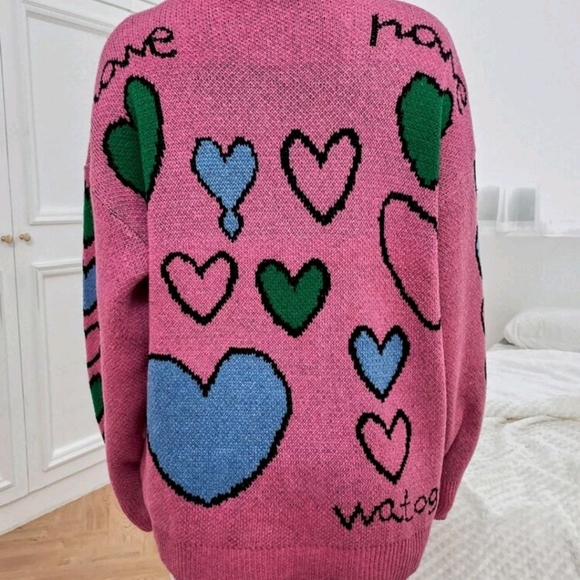 Letter & Heart Pattern Drop Shoulder Cardigan - Picture 2 of 8